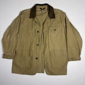 LL.Bean Men’s Khaki Safari Jacket with cow leather collar Size Large #J0026